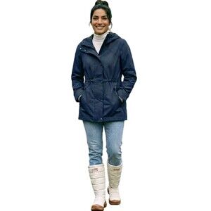 Hunter Womens XL Rubberized Cotton Smock Hooded Water Resistant Jacket Navy Blue